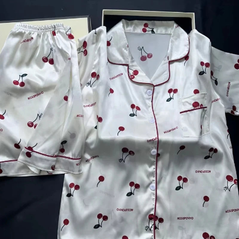 Cherries Print Two Pieces Pajamas Set - Unisex Vogue